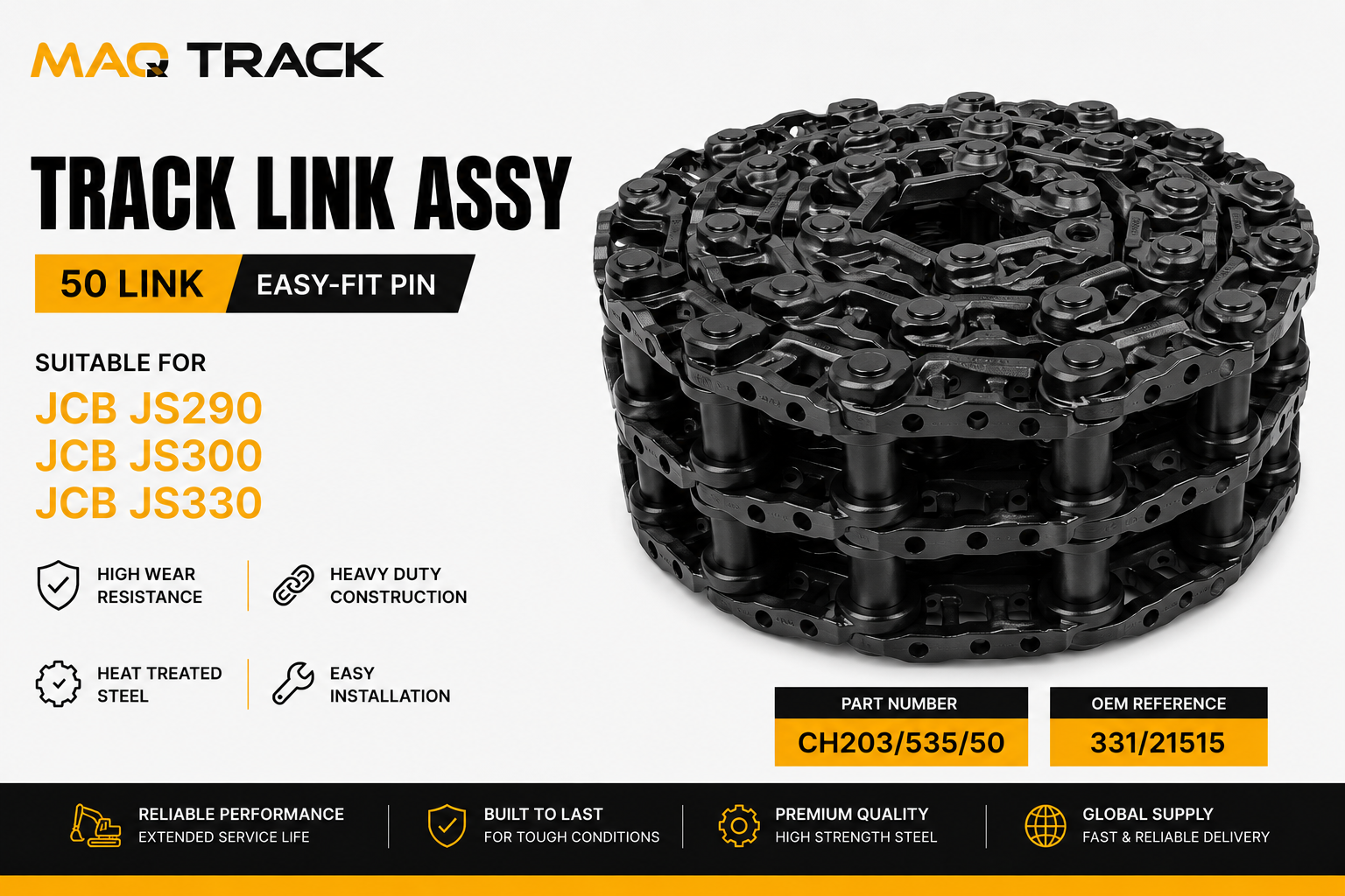 Track Link Assy 50 Link for JCB JS300 | MAQ TRACK Track Link Assy 50 Link with Easy-Fit Pin for JCB JS290 JS300 JS330 excavators by MAQ TRACK